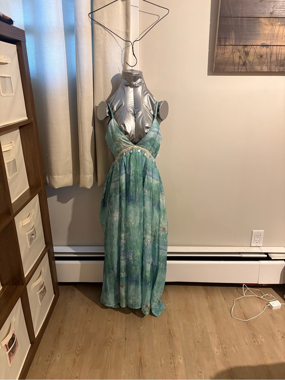 Flowy Seafoam blue and Green Maxi Dress with V-Neck and Embellished Waist